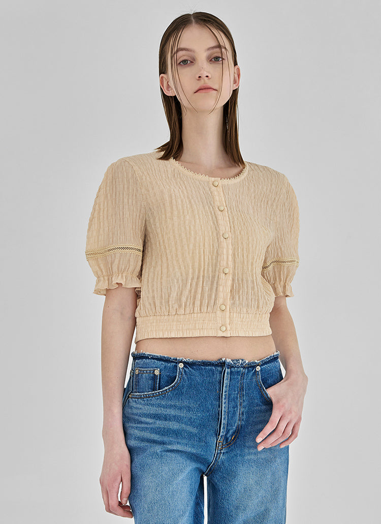 (BL-4124) Lace Cropped Banded Waist Blouse