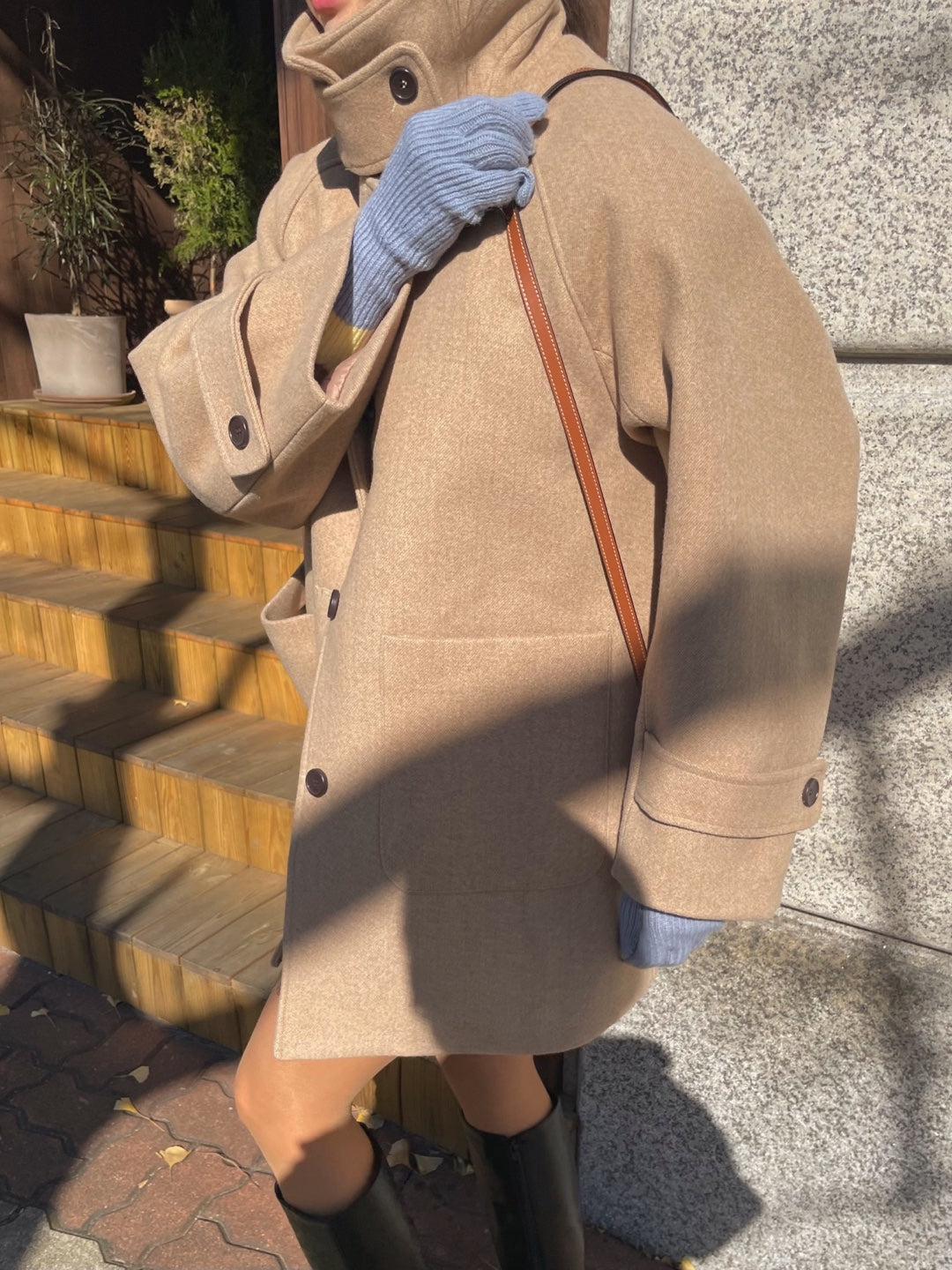 [Karatal attachment] Wool Mid Length Coat NubeamCoat Short Jacket High Neck Loose Fit Winter Single Coat