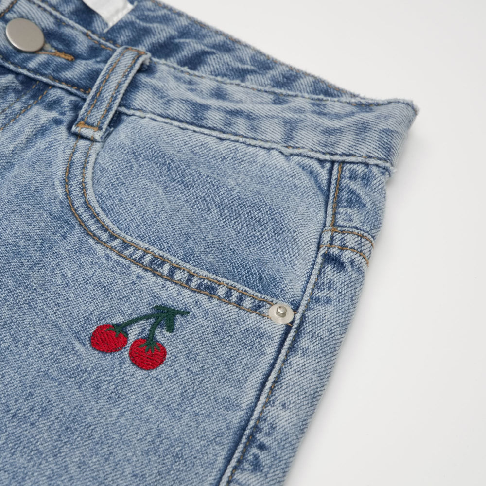 STRAIGHT FIT CHERRY EMBROIDERY DENIM PANTS [6851]