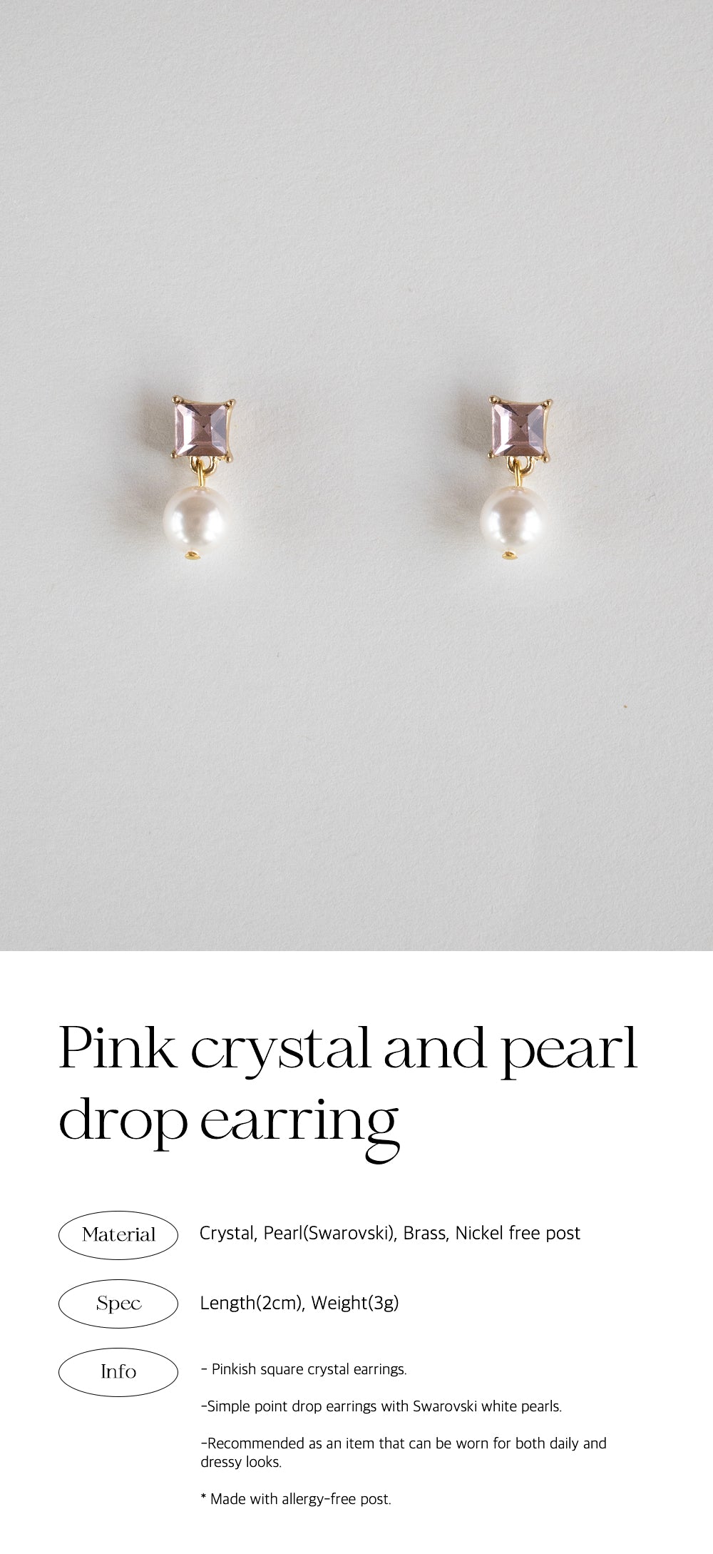 Pink crystal and pearl drop earring