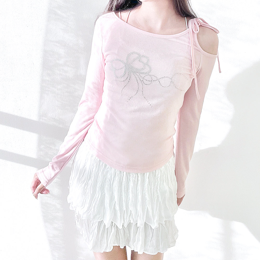 Twinkle Ribbon Cubic One Shoulder T-Shirt (Pink)