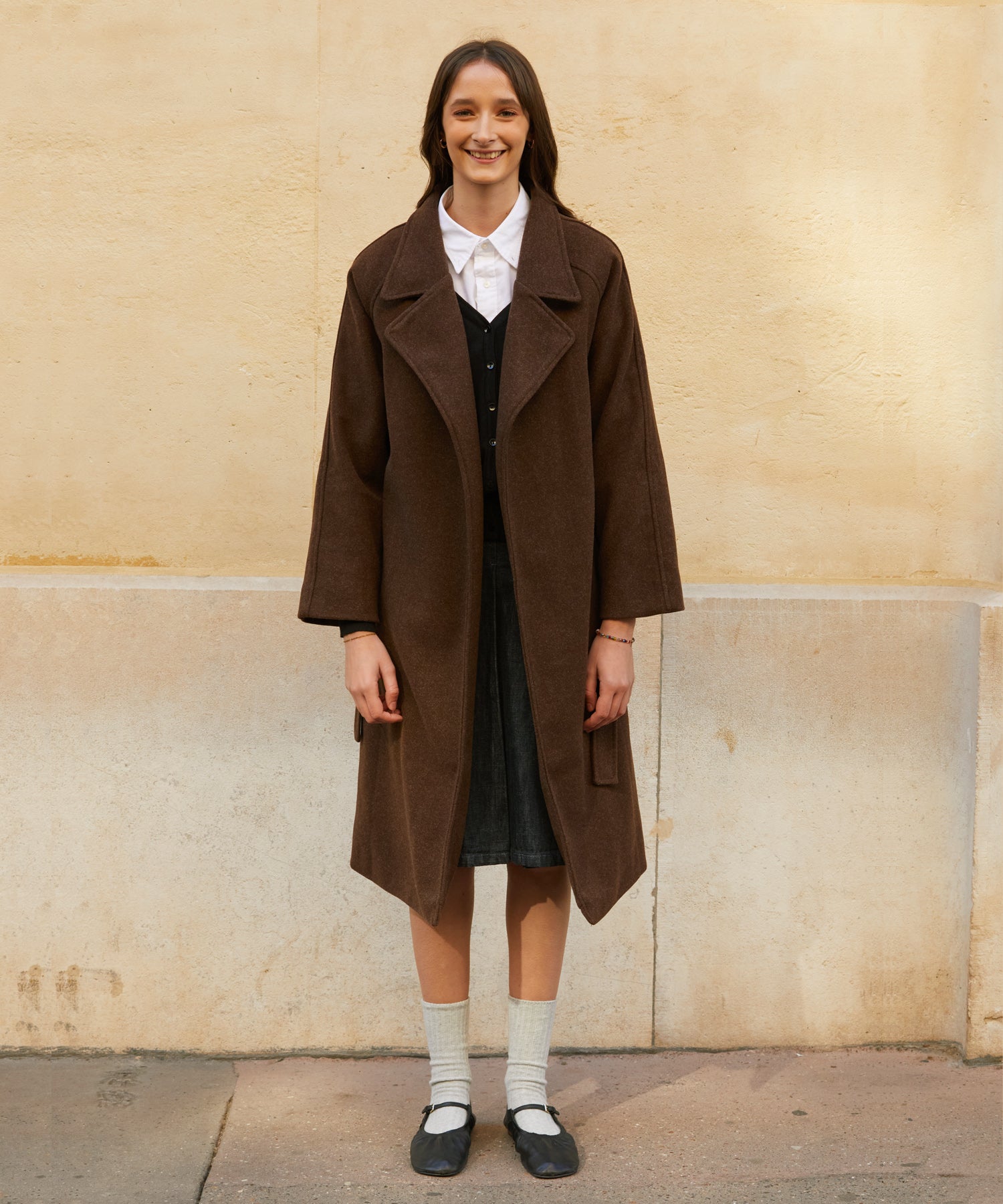 RCH wool blended robe coat brown