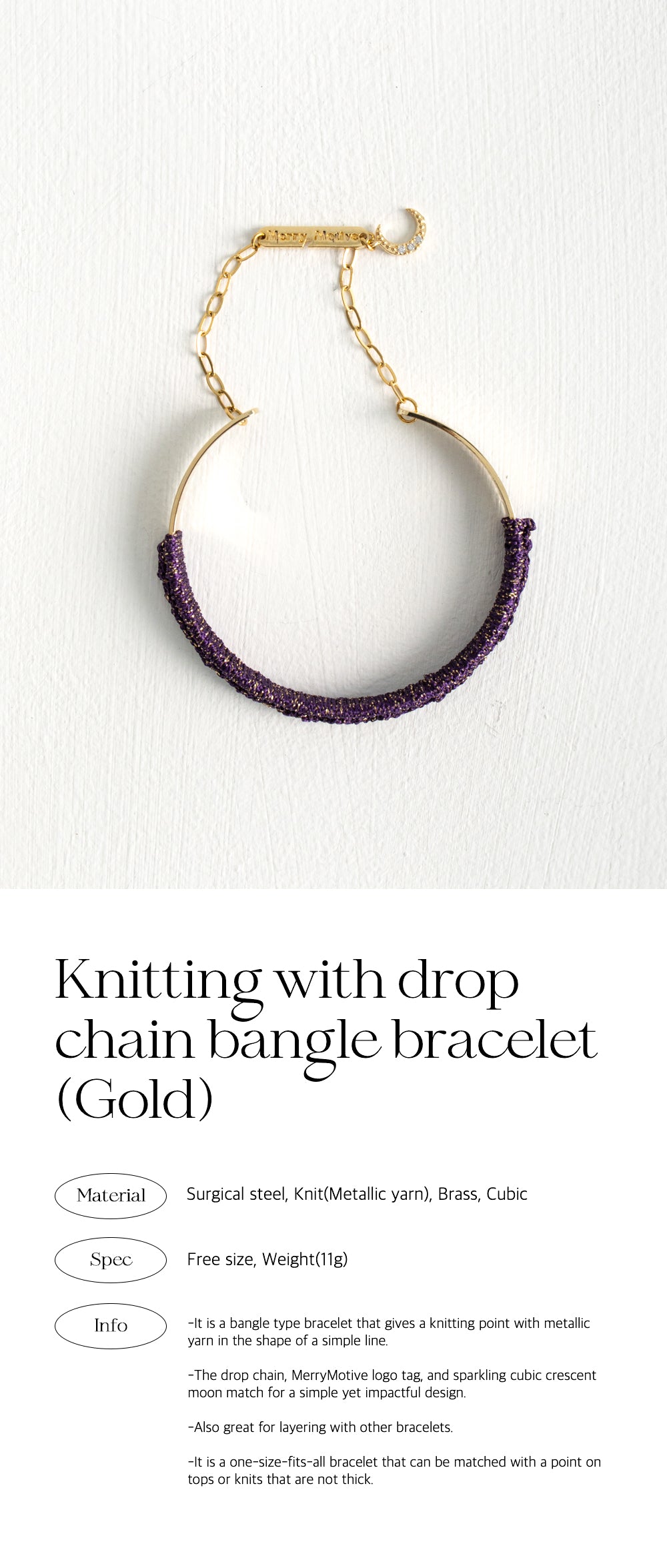 Knitting with drop chain bangle bracelet (Gold)