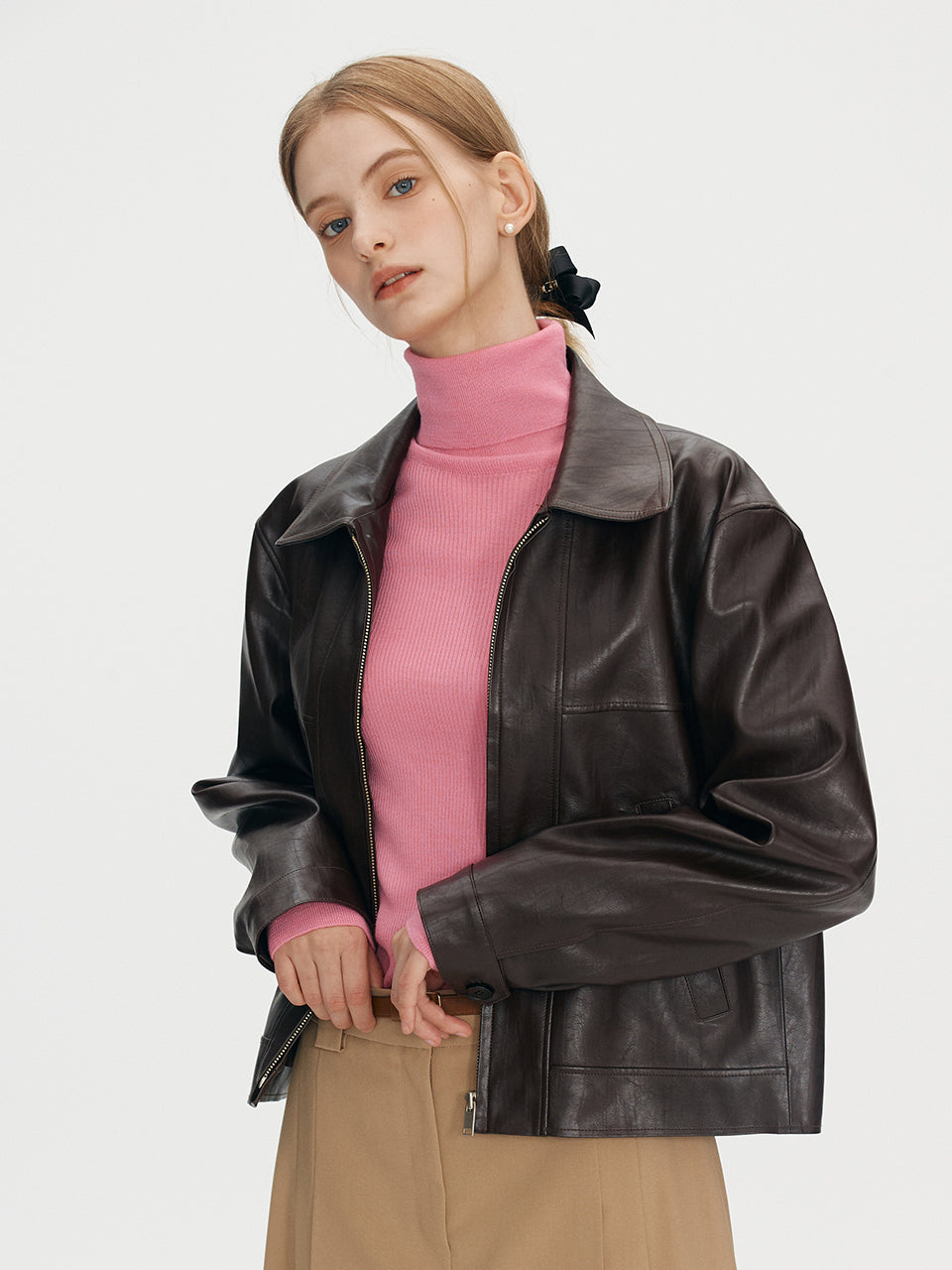 Fake leather crop jacket - Wine