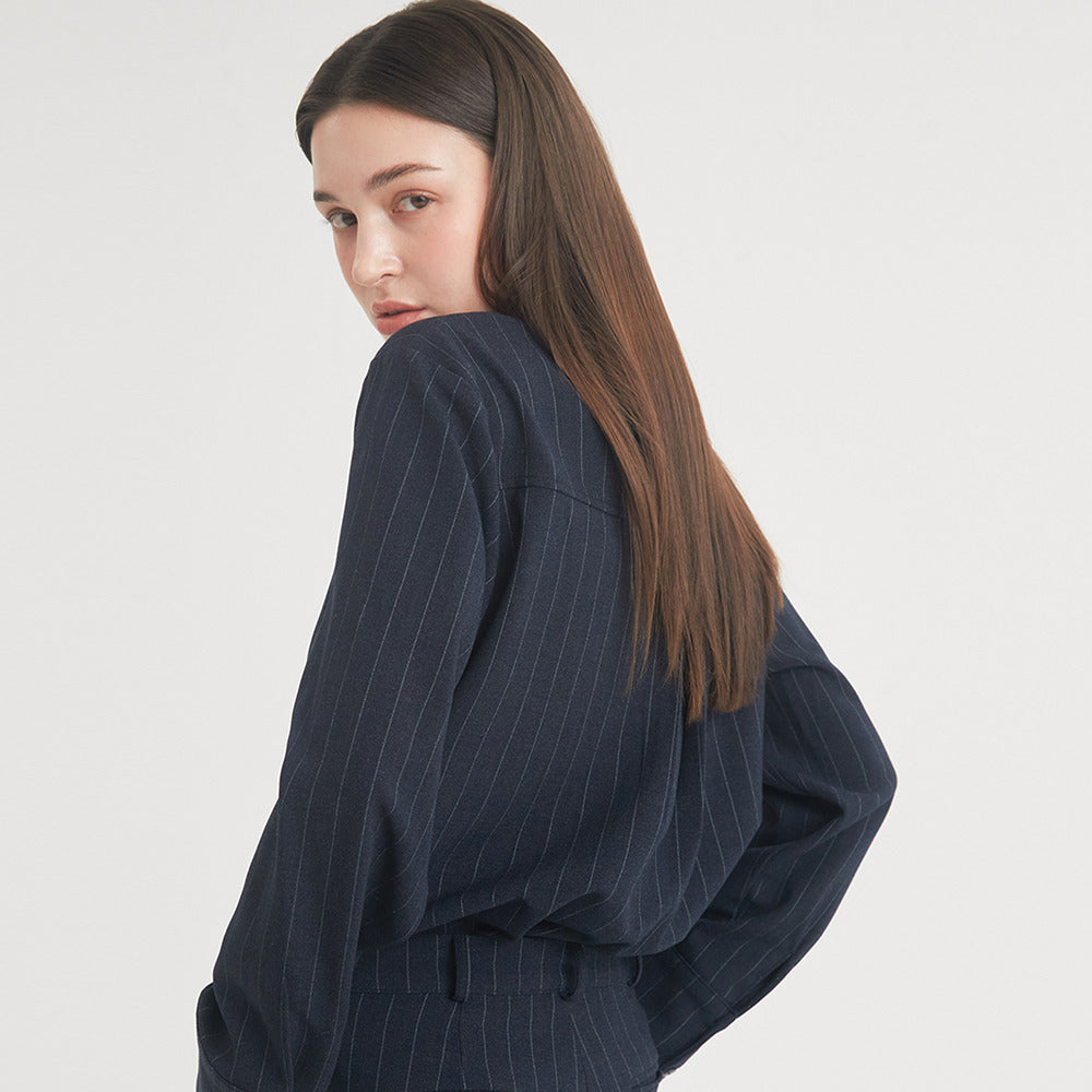 Wool Stripe Pintuck Shirt (Navy)