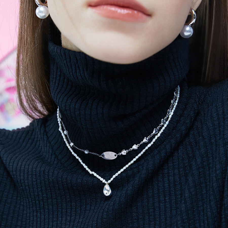 PEARL HEART CHAIN UNBALANCED CHOKER NECKLACE