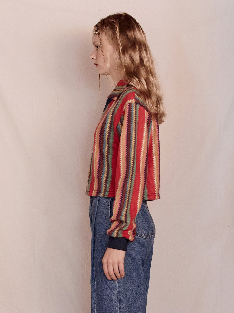 Open Collar Stripe Knit (Red)