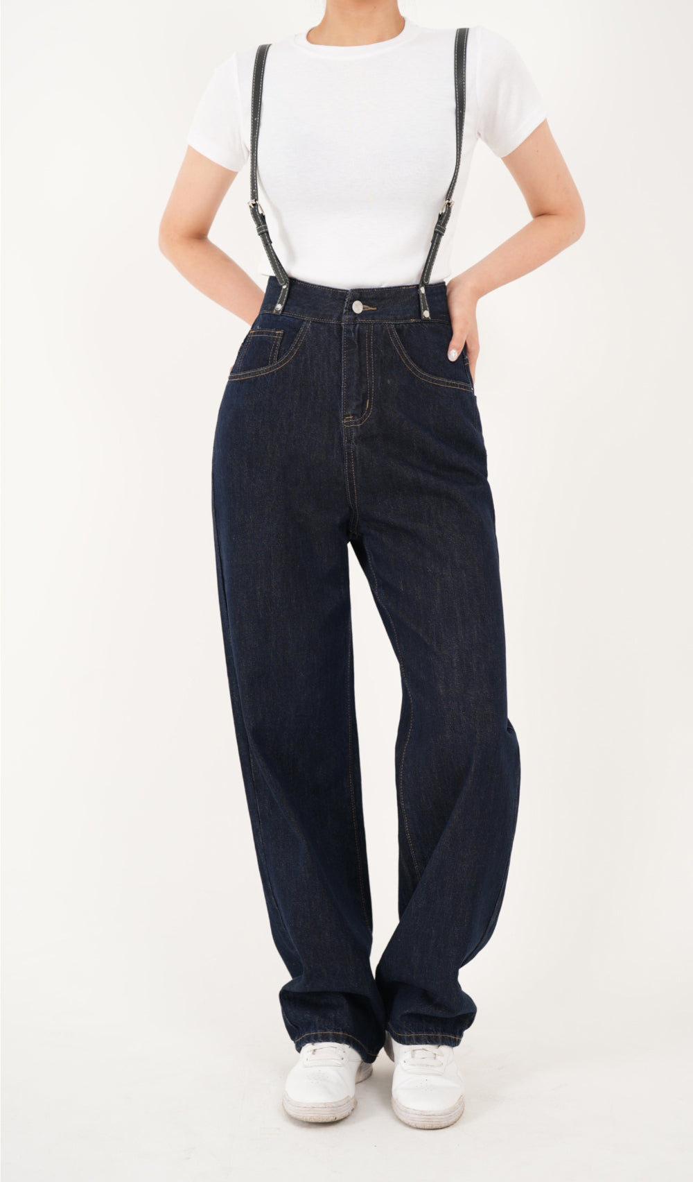 RED VELVER WENDY WORN HIGH WAIST DEEP BLUE WIDE FIT SUSPENDER DENIM PANTS [16636]