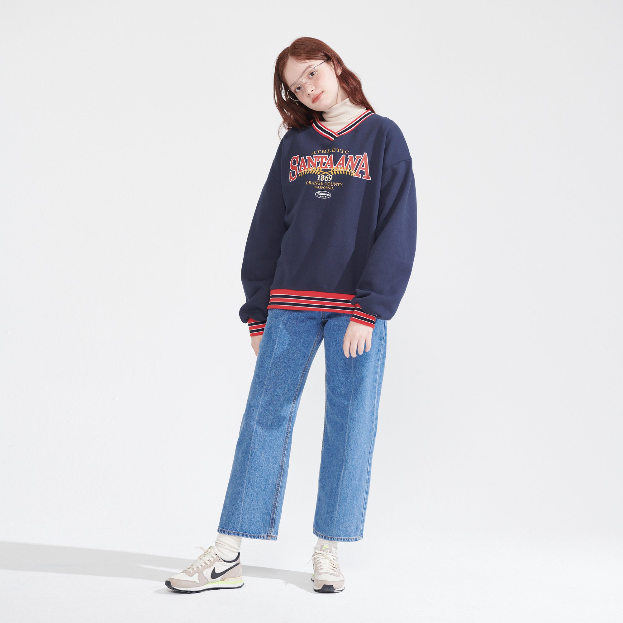 V-NECK STRIPE RIB SWEATSHIRT_NAVY