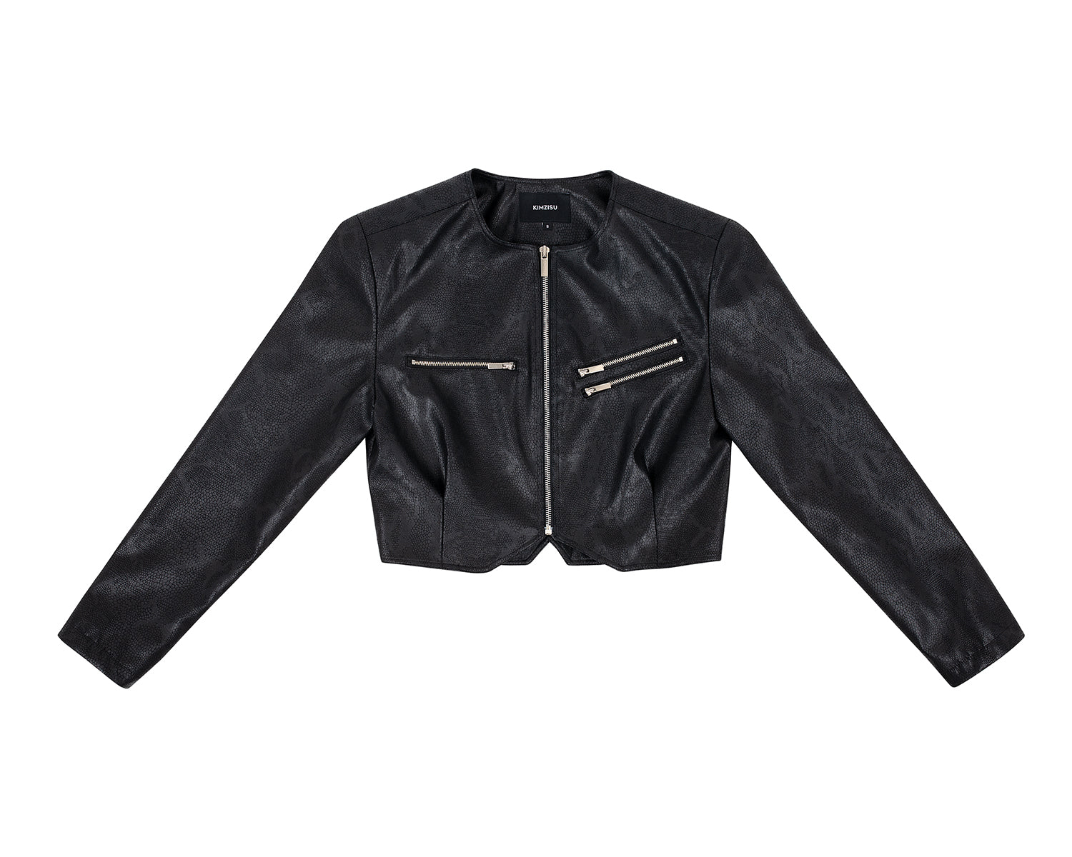 Faux-Leather Cropped Zip-Up Jacket _ Black