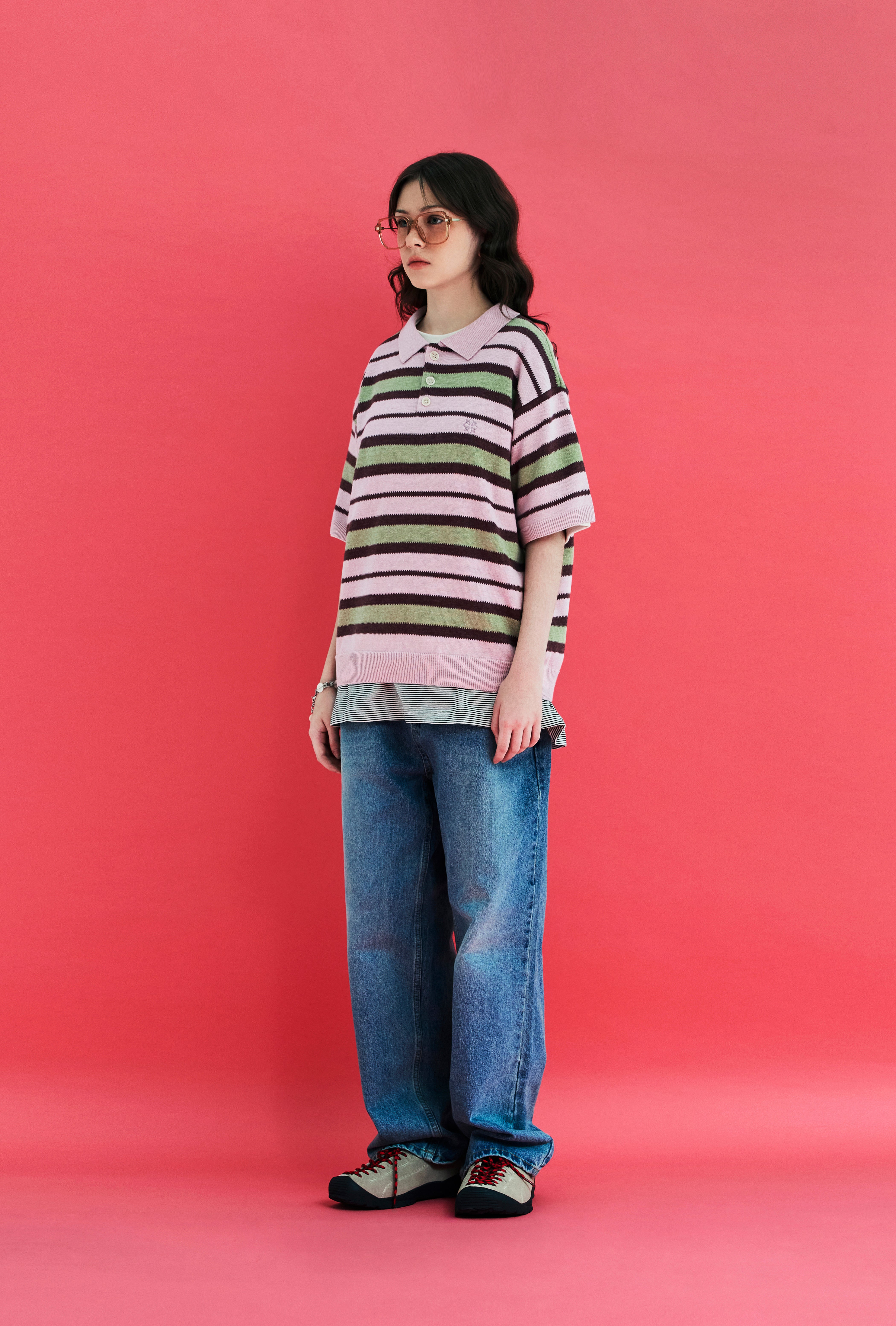 STRIPE KNIT POLO SHIRT / PINK