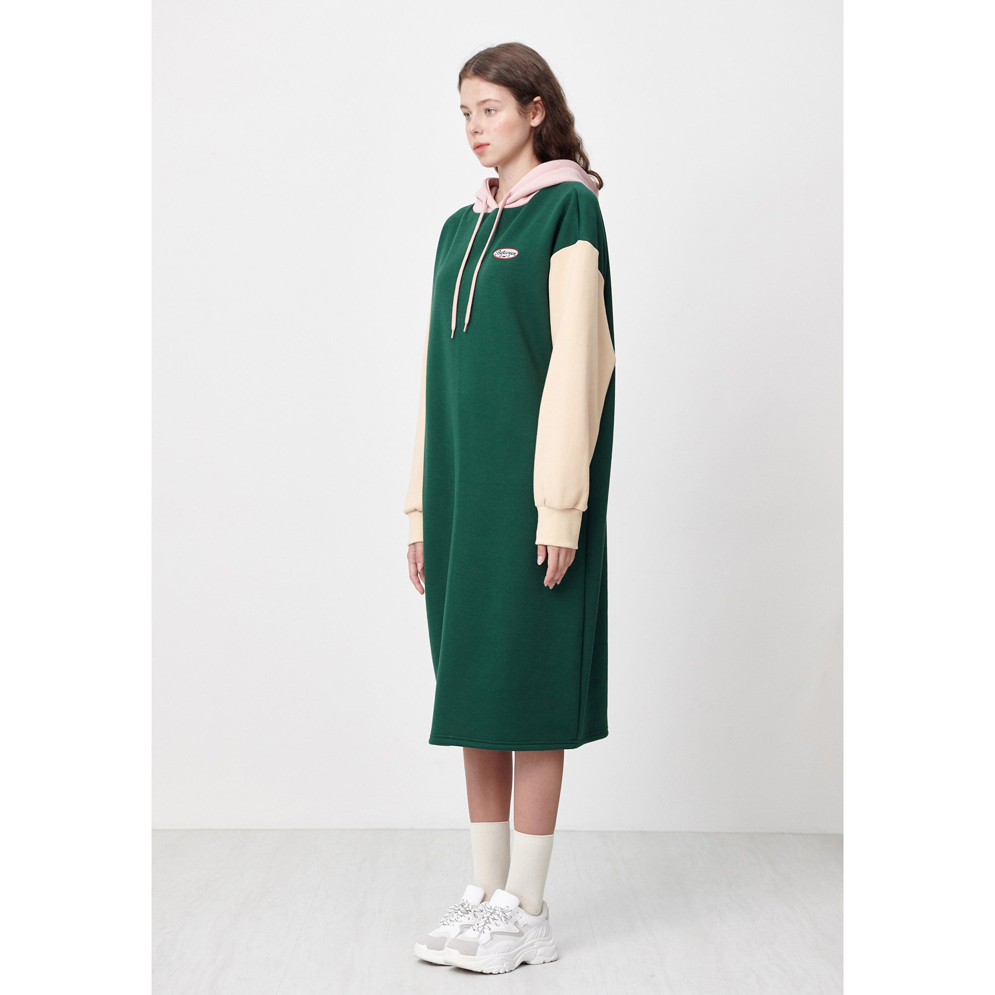 HOODIE LONG JERSEY DRESS_DARK GREEN