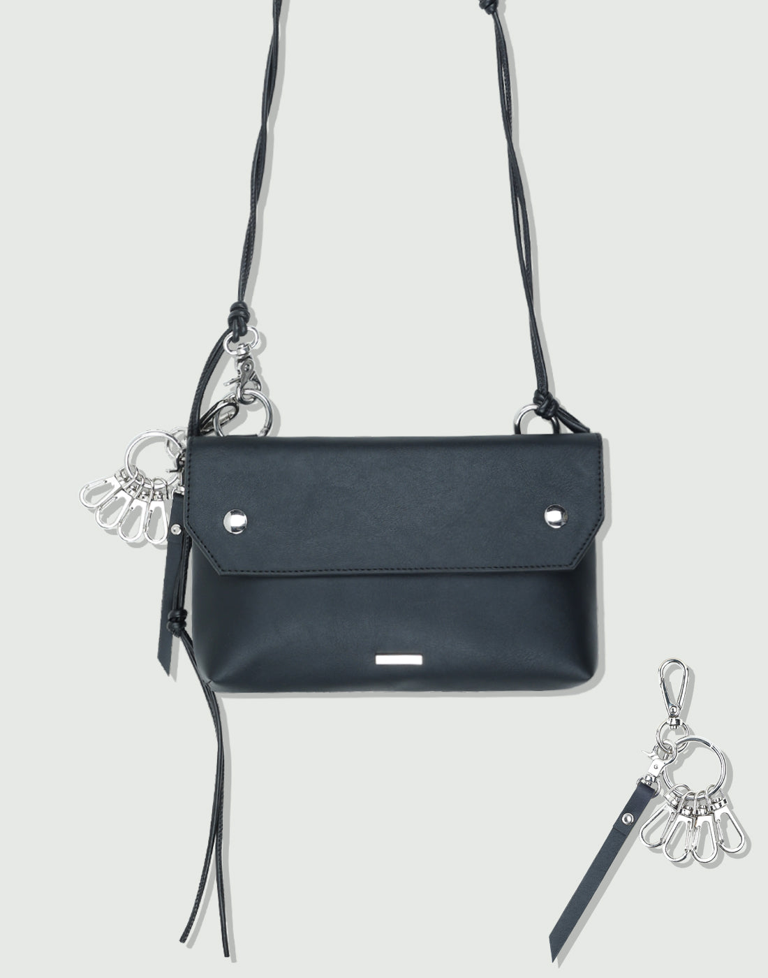 piping leather strap flap bag & utility key ring black