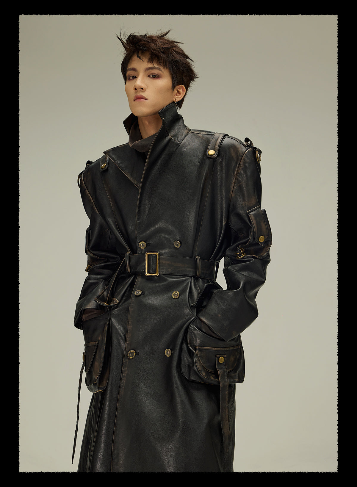 heavy-duty dyed distressed leather long coat