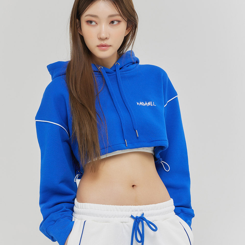 Oversize Line Point Crop Hoodie Blue