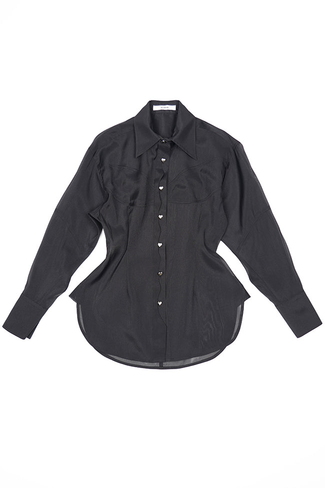 HEART BUTTON PINTUCK ORGANZA SHIRT IN BLACK