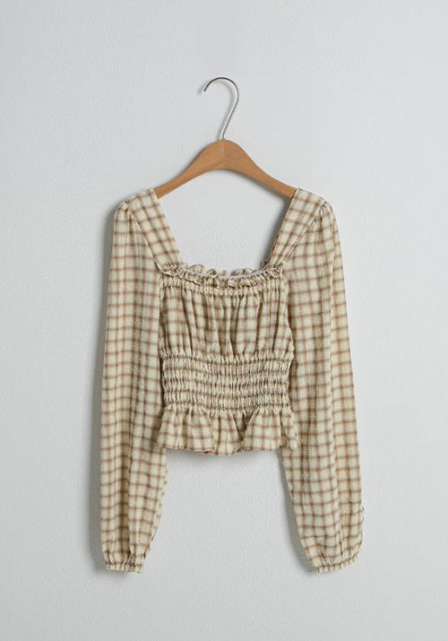 (BL-4035) Checkered Smoking Square Blouse