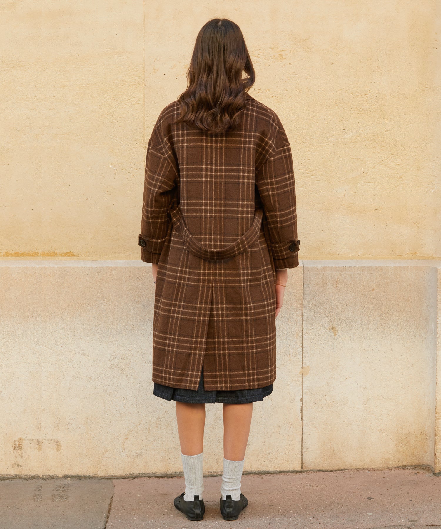 RCH cashwool blended robe coat check brown