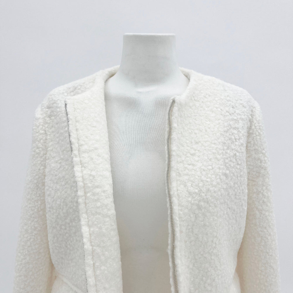 Boucle no-collar zip-up jacket (White)