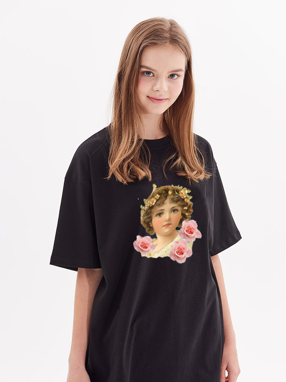 girl of angel print wide short sleeve t-shirt