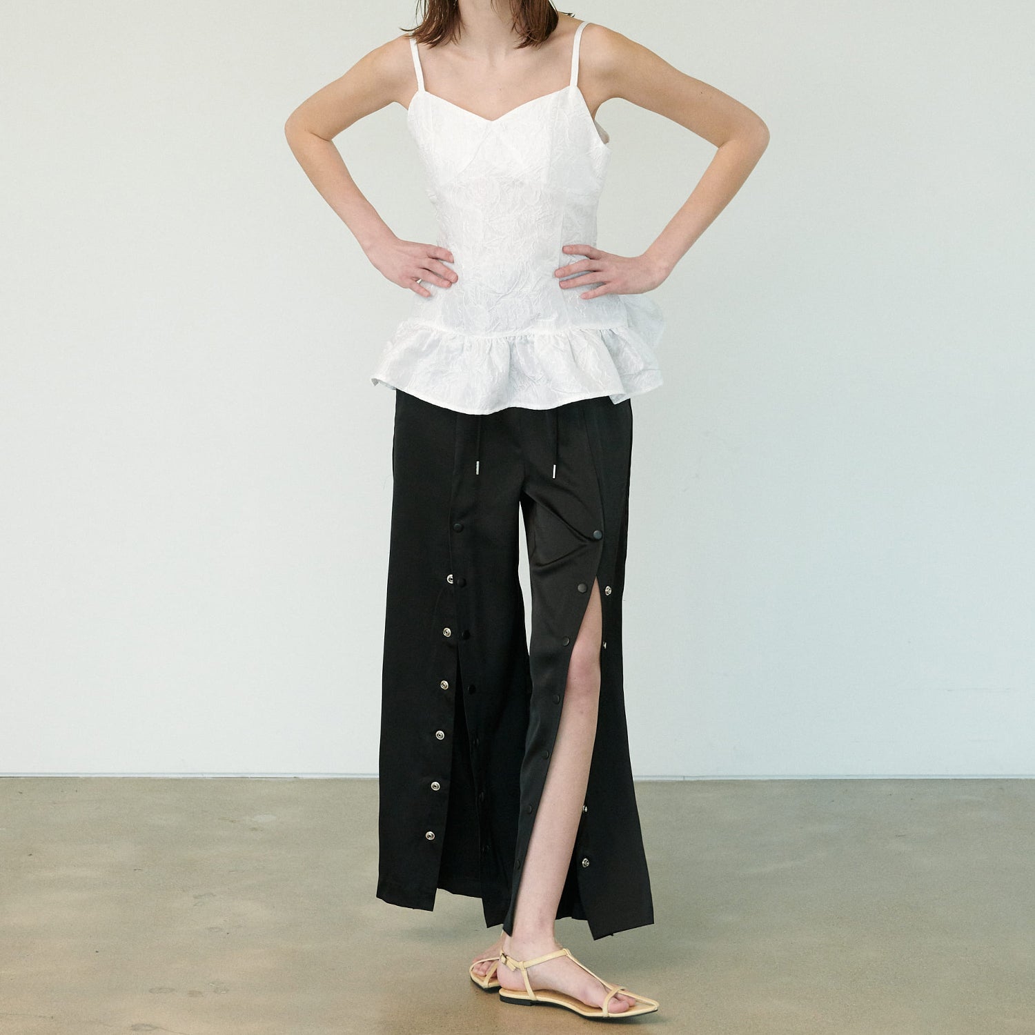  BUTTON SATIN PANTS, BLACK