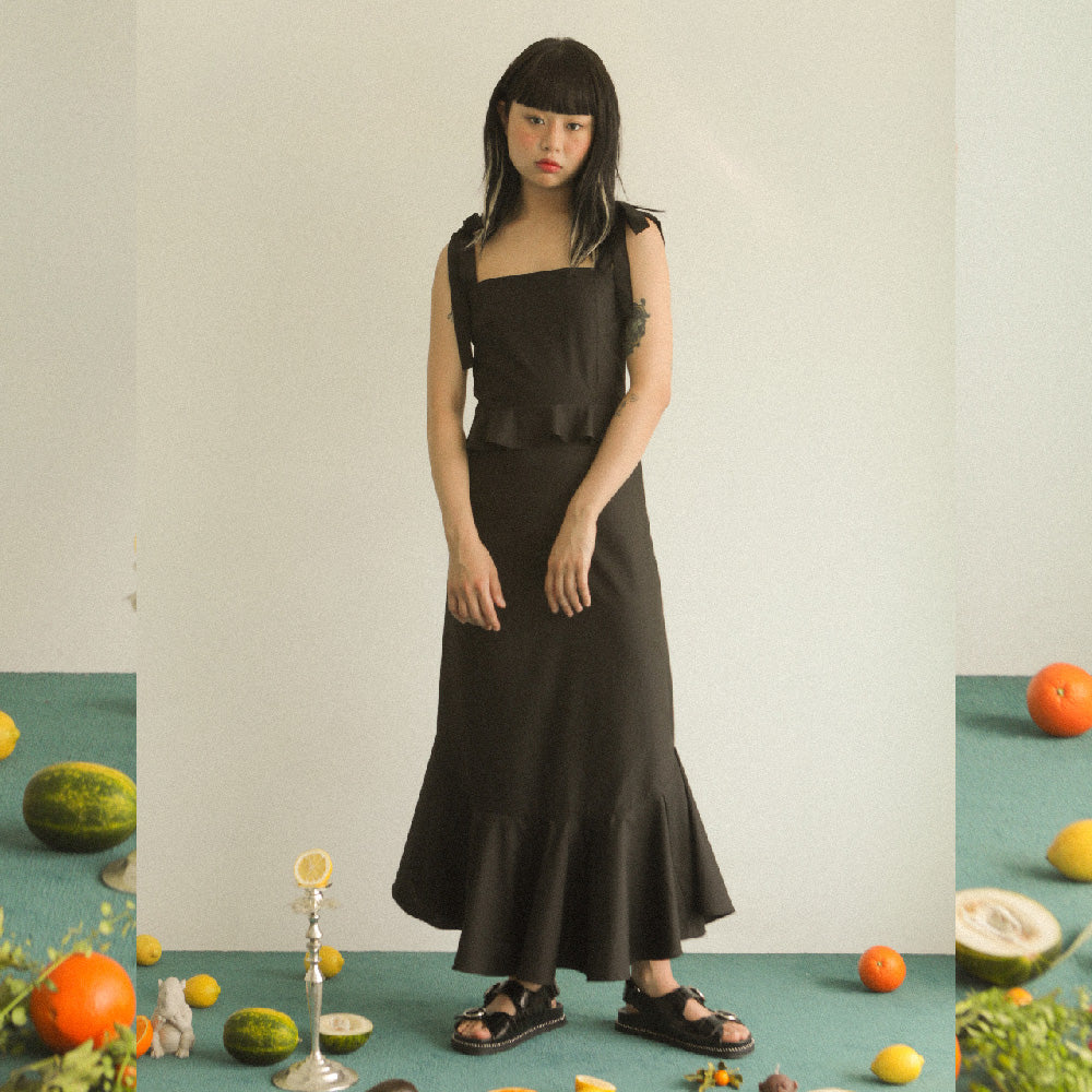 SMOCK RIBBON LONG DRESS_BLACK