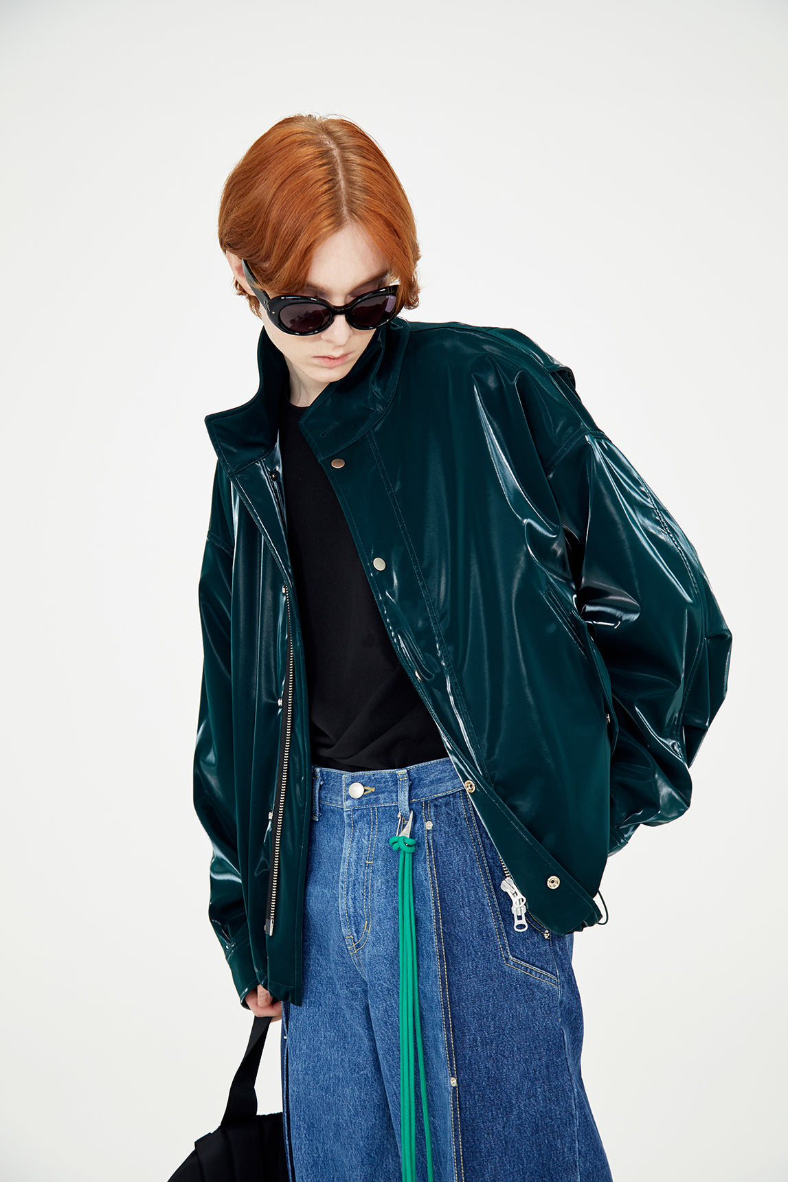 Glossy overfit  jacket (Steal Green)