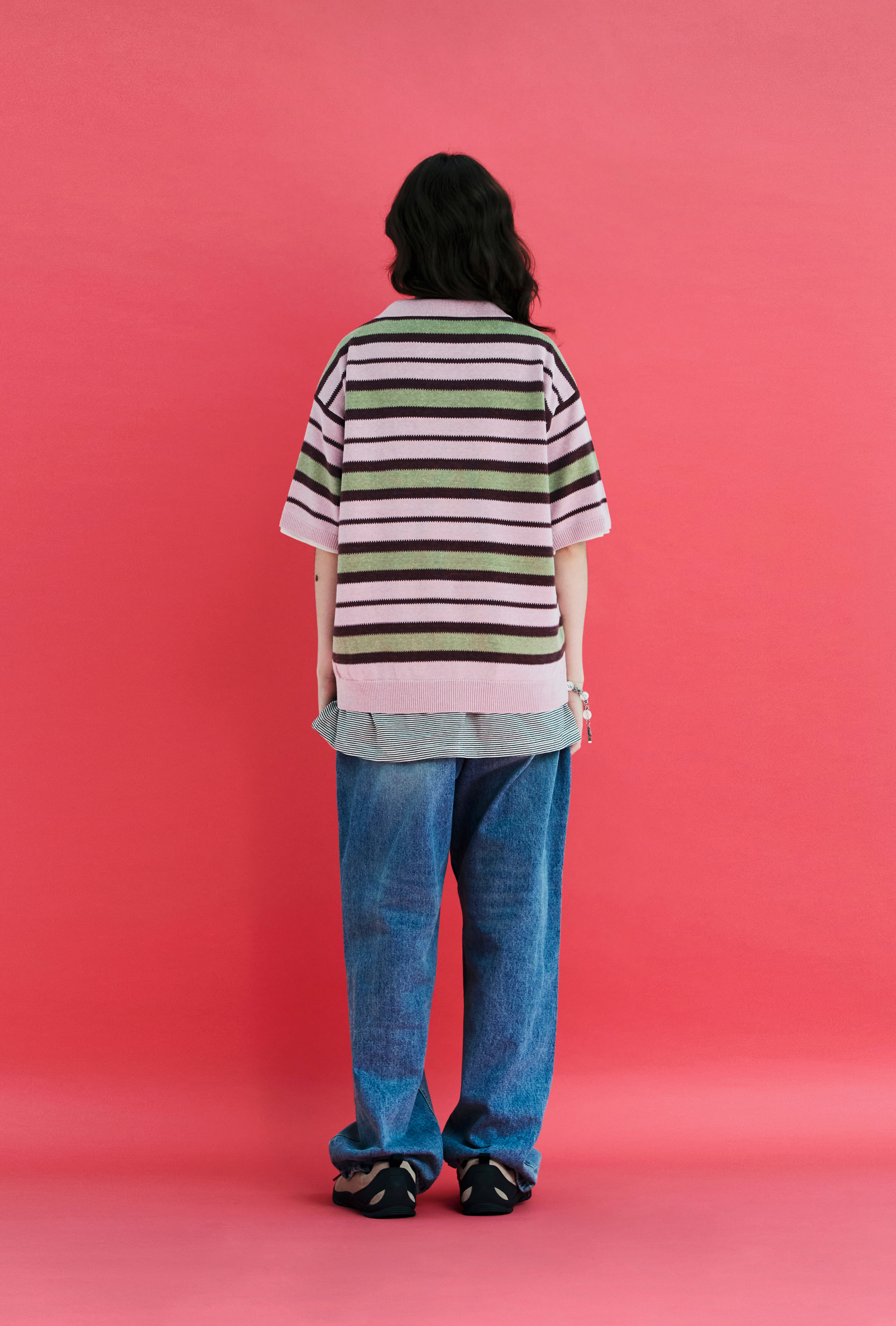 STRIPE KNIT POLO SHIRT / PINK