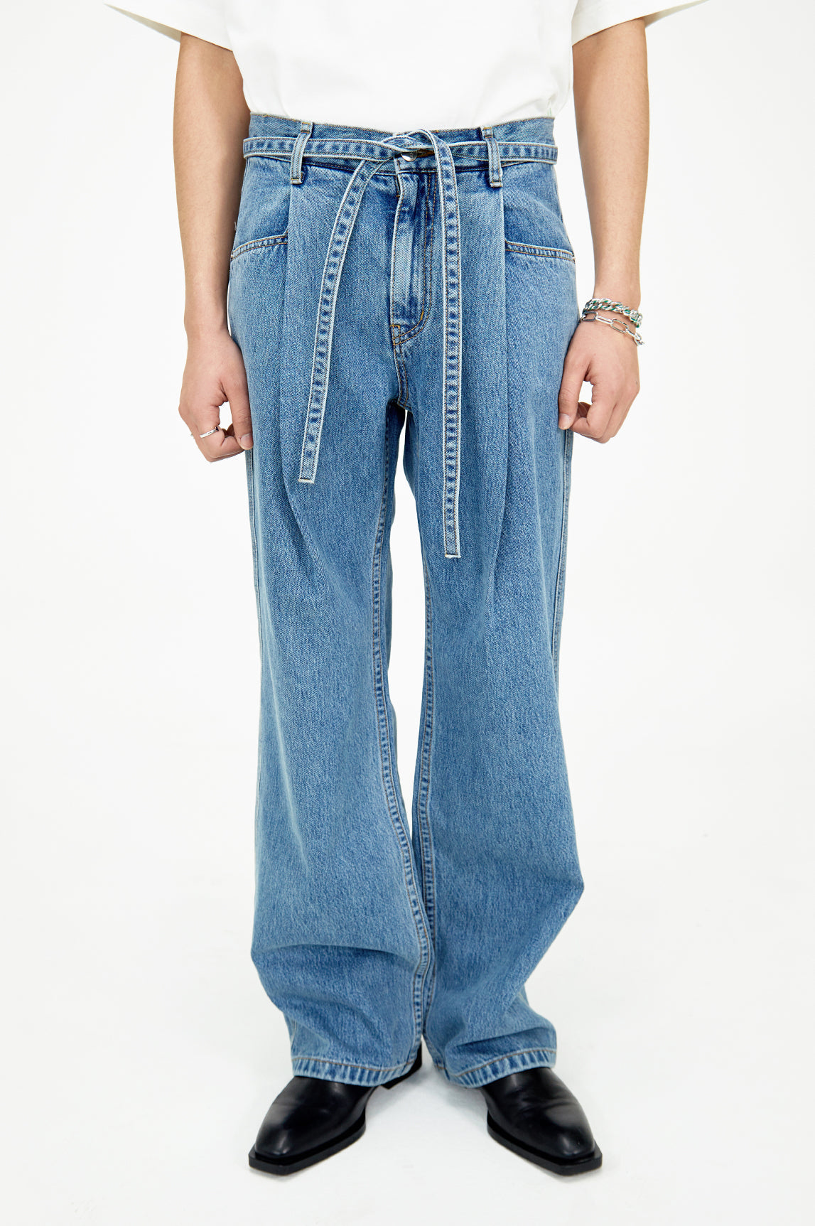 Wide one tuck Denim pants (Stone blue)