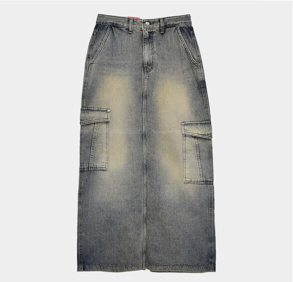 Work Vintage Cargo Denim Maxi Skirt