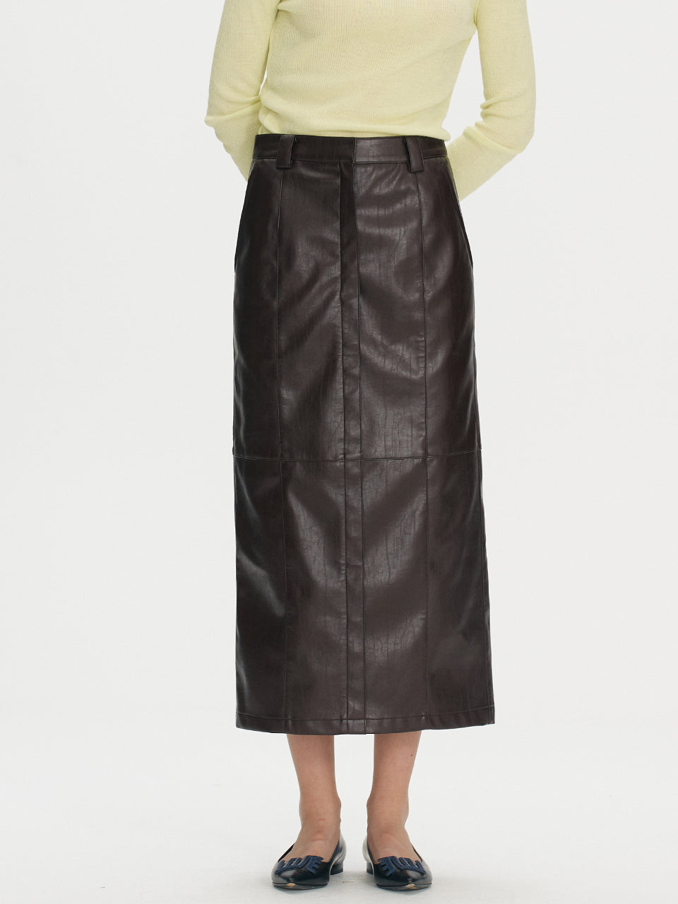 Fake leather stitch long skirt - Wine