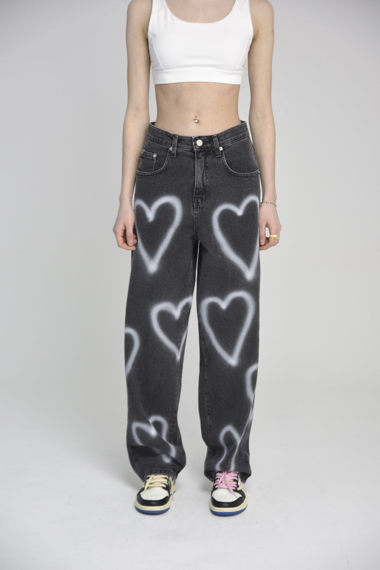 [unisex] heart denim pants (black)