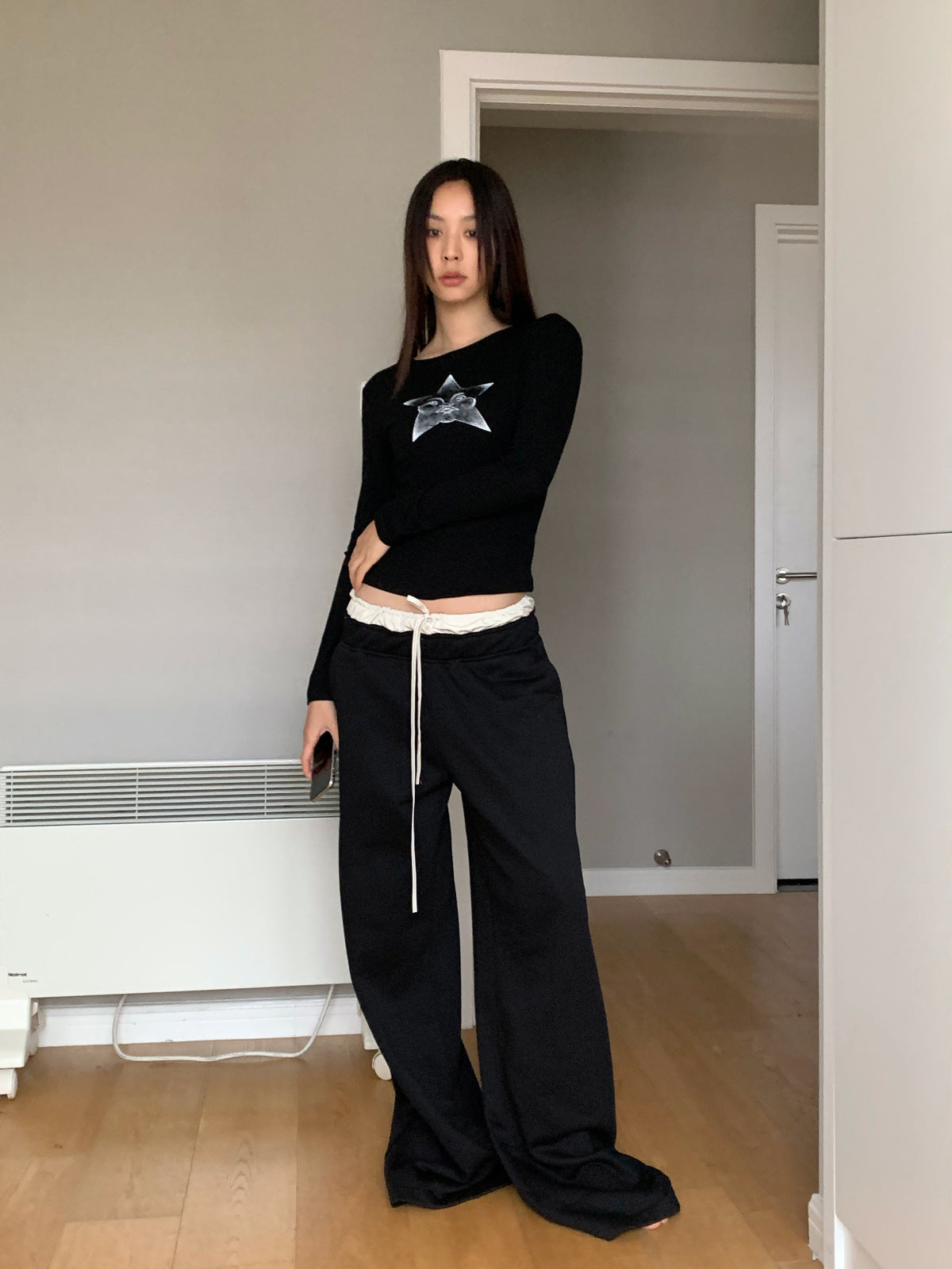 Layered banding black wide pants