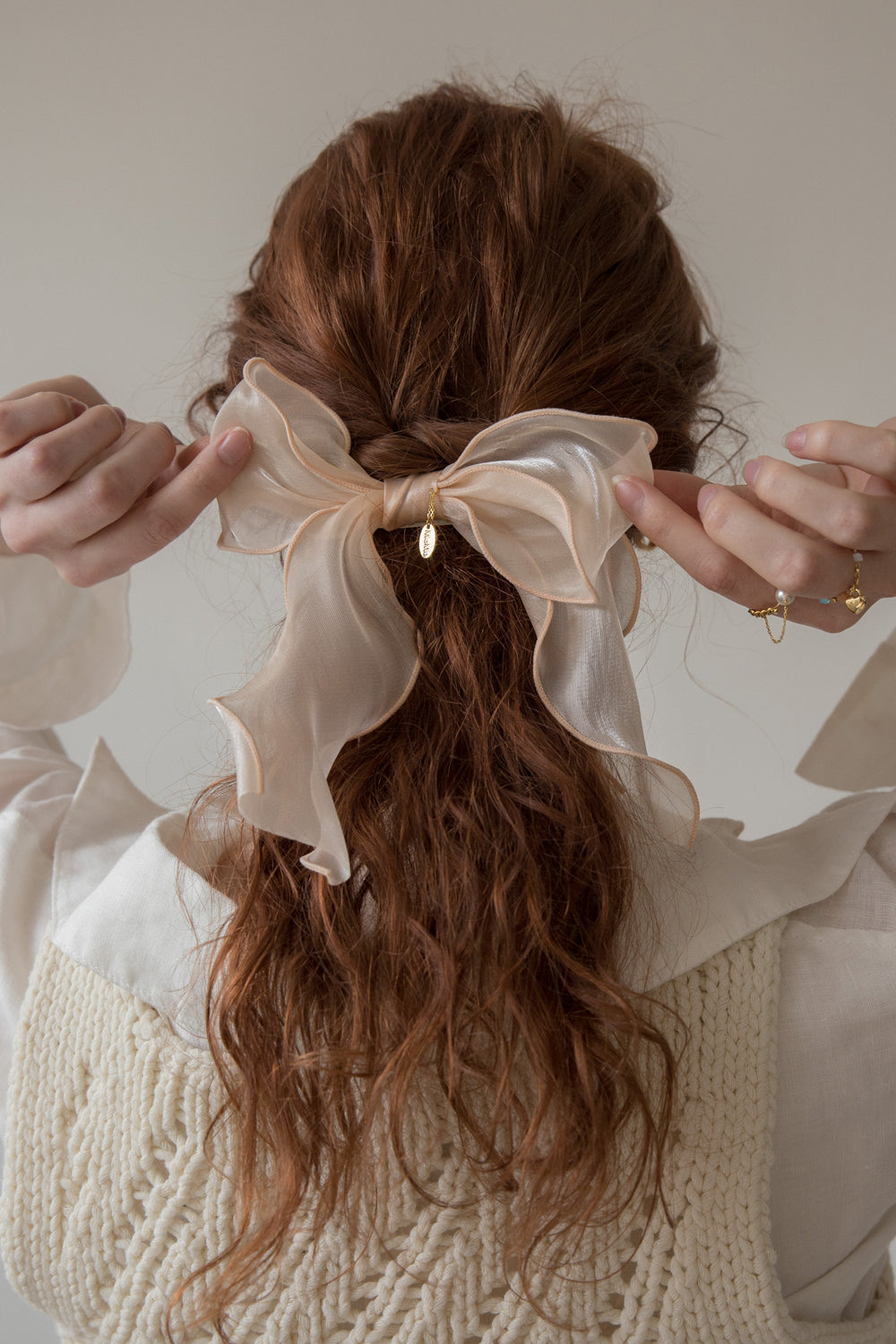 Salmon organza ruffle ribbon hairpin