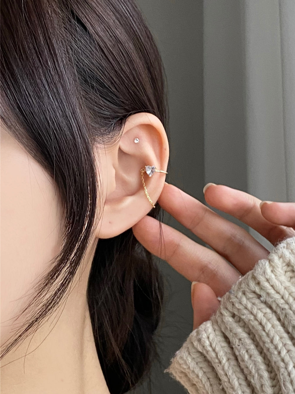 Line cubic heart ear cuff / 3 color