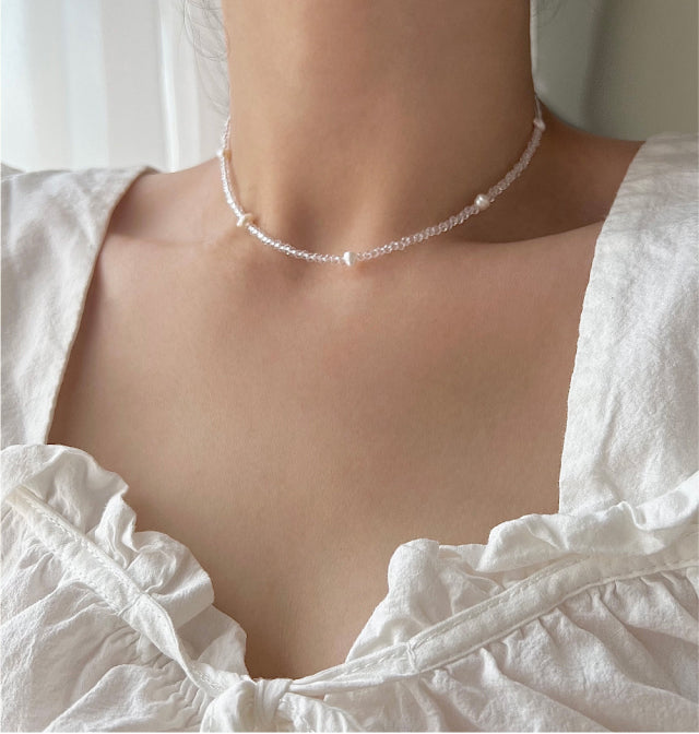 cct Silver 925 Fresh Water Pearl Transparent Crystal Choker Silver Necklace