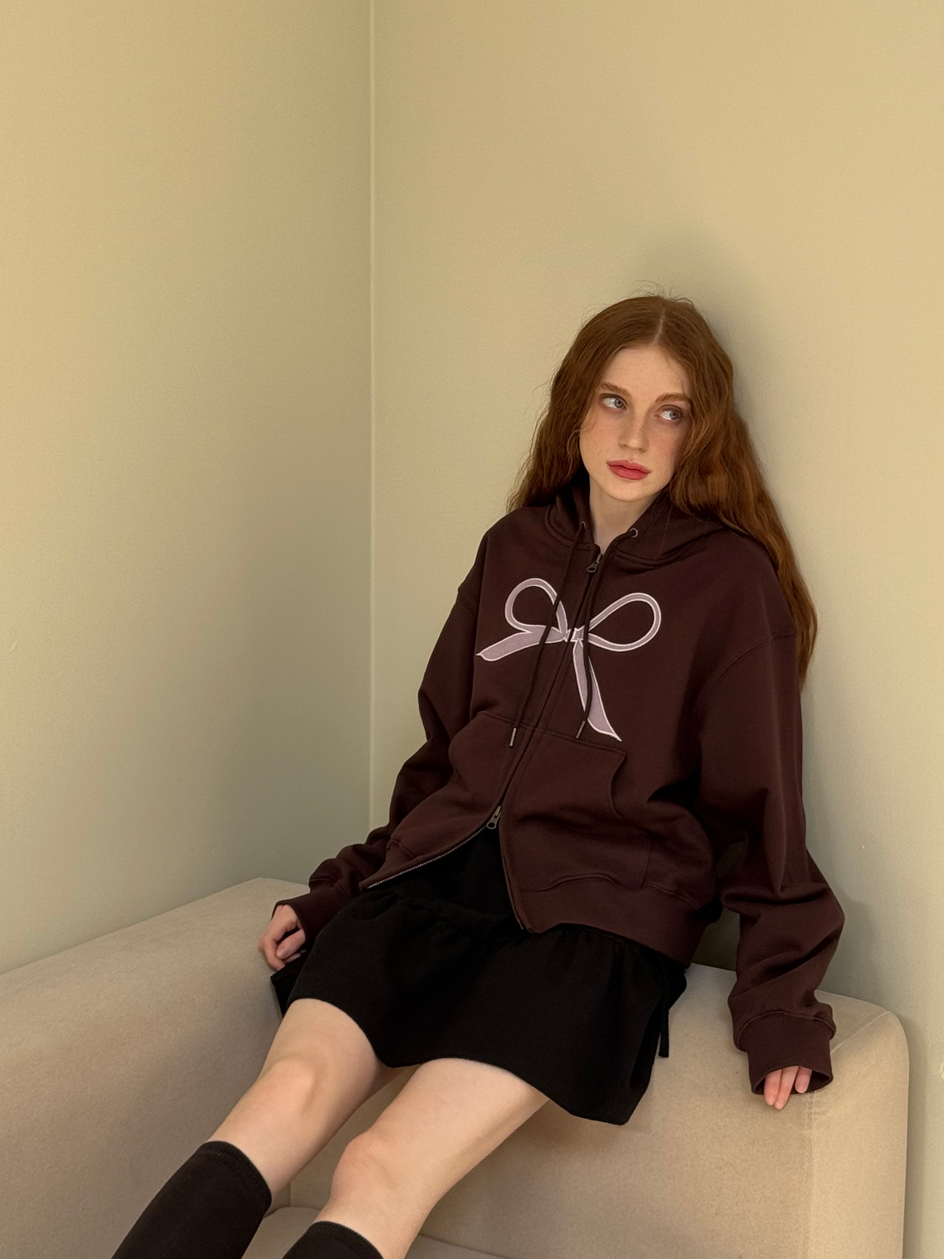 Brown Velvet Ribbon Hoodie Zip-up