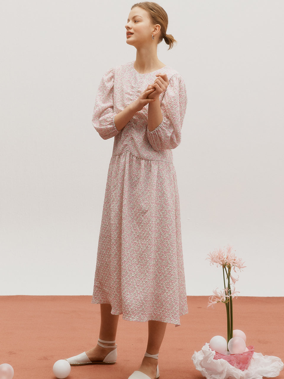 Printed shirring dress - Pink flower