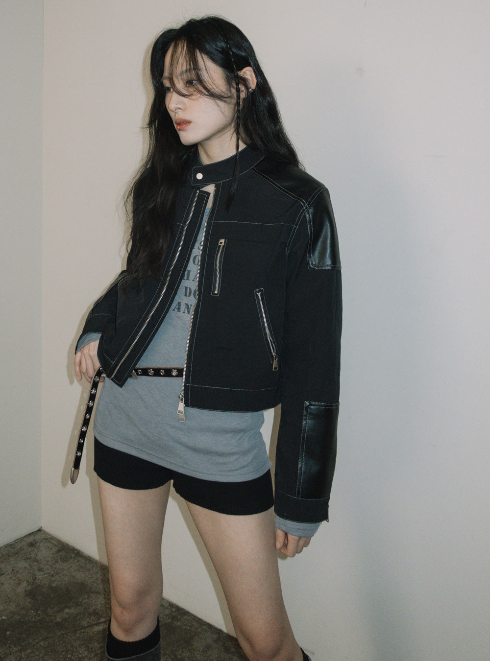 leather patch biker jacket(woman)