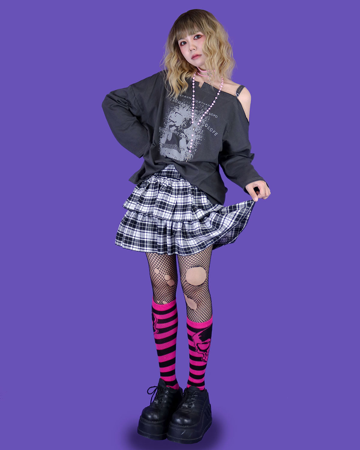 skully punk striped knee-socks (4 color)
