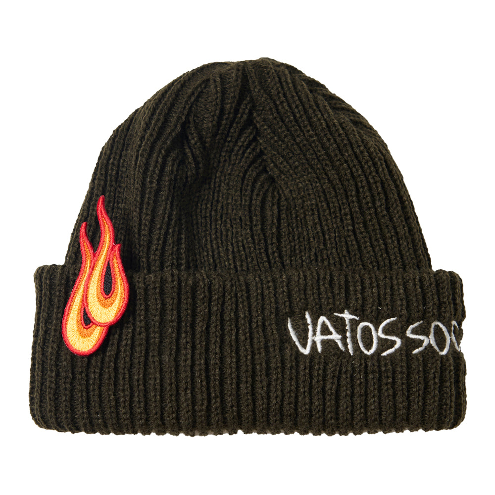 FLAME PATCH EMBROIDERED BEANIE KHAKI/ ORANGE / SKY BLUE /  BLACK