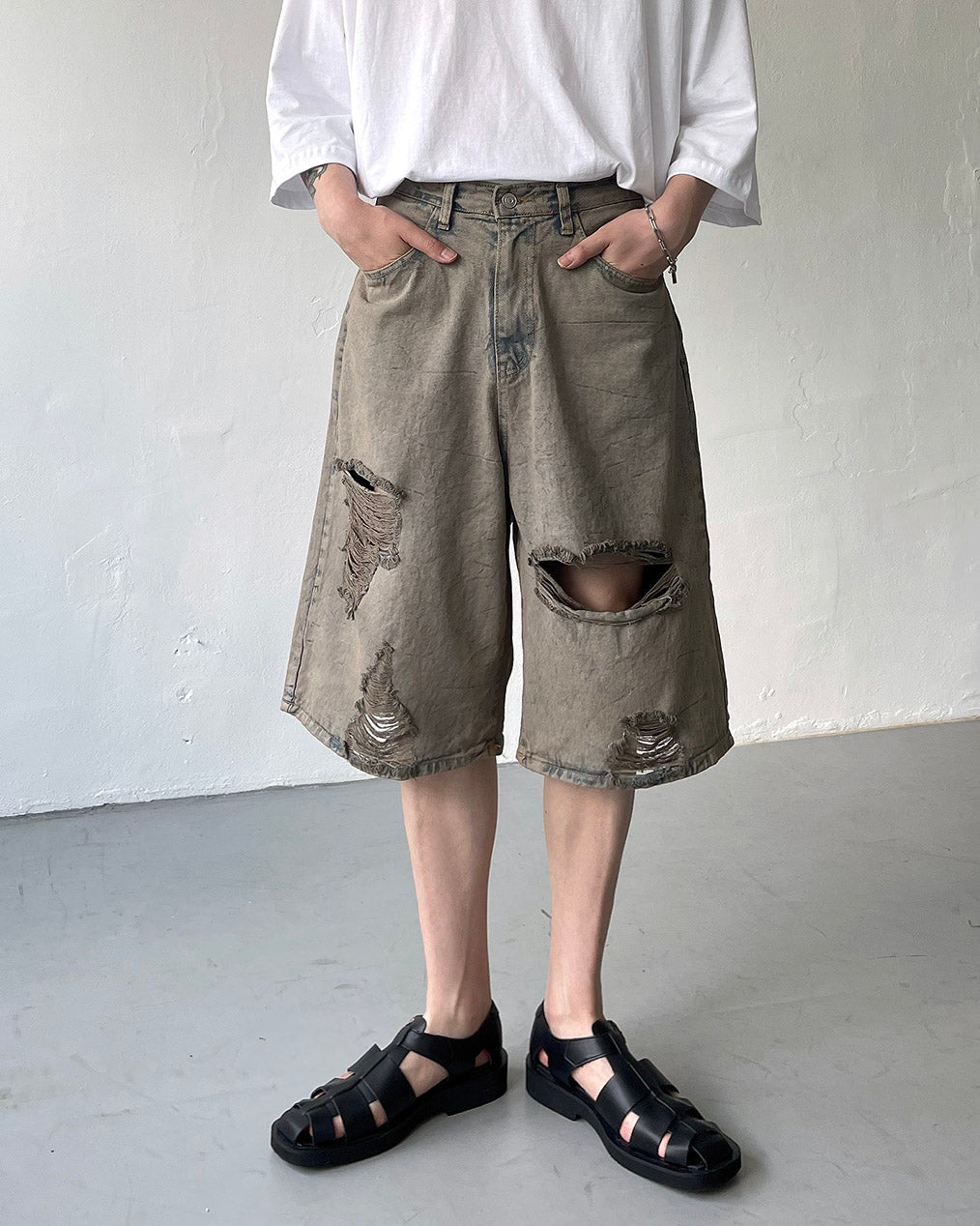 Pulse putty vintage denim Bermuda pants (sand)