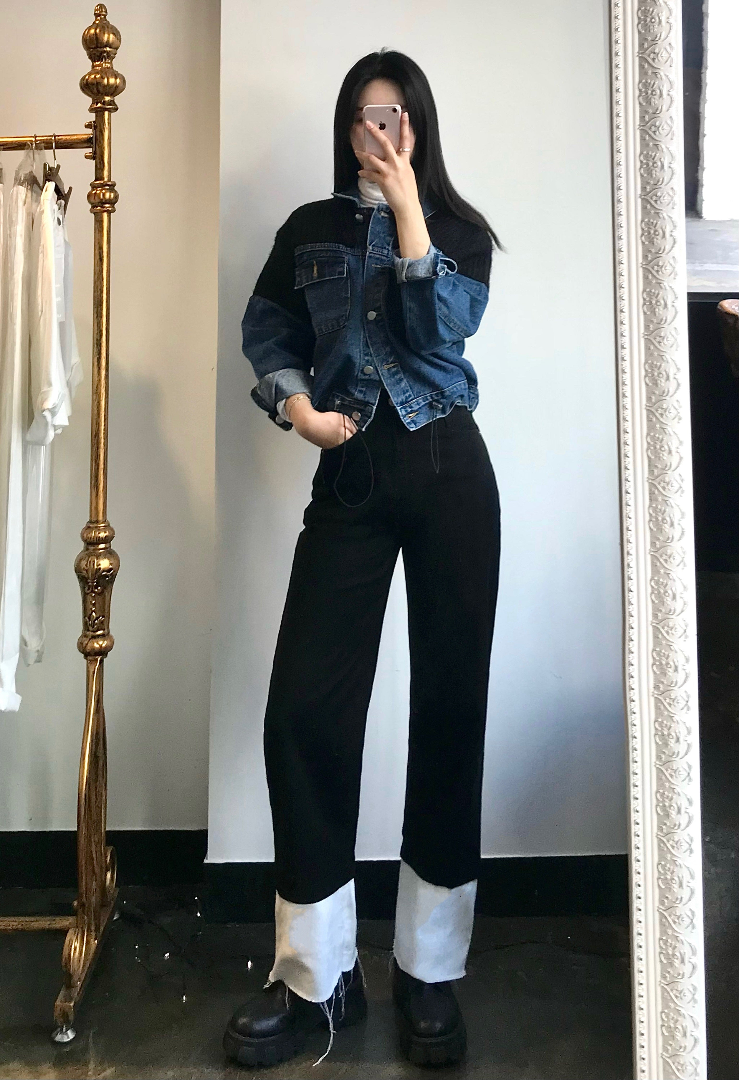 SEMI WIDE FIT BLACK+WHITE DENIM PANTS [17723]