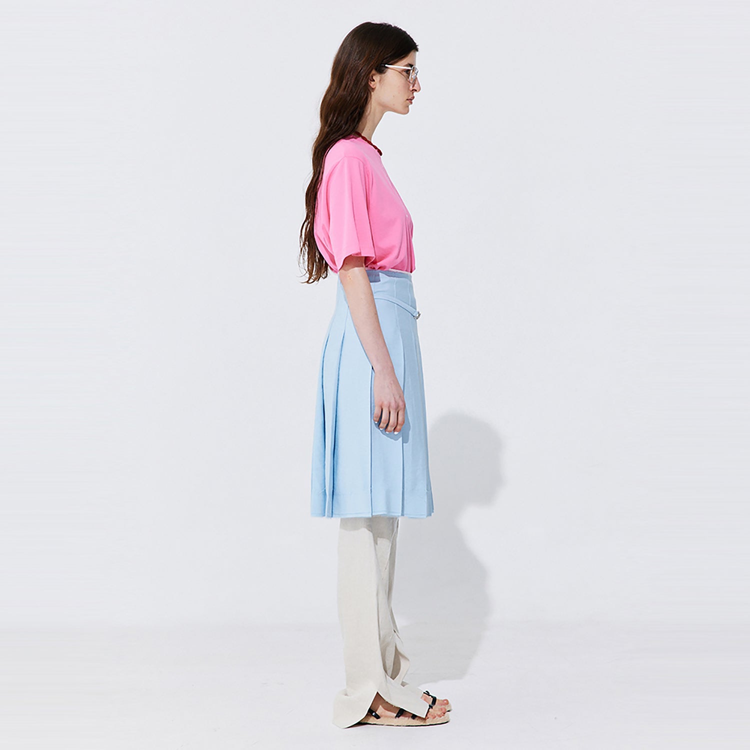 Raw-cut Pleats Skirt_Light Blue