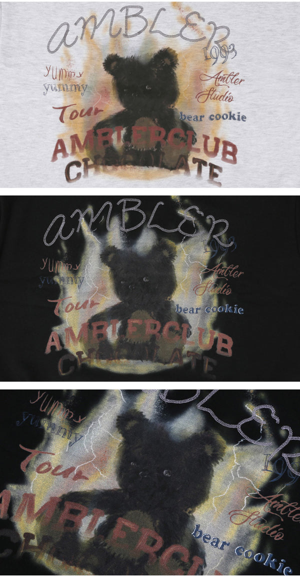 AMBLER 男女共用 Bear in flames オーバーフィット マンツーマンTシャツ AMM1202