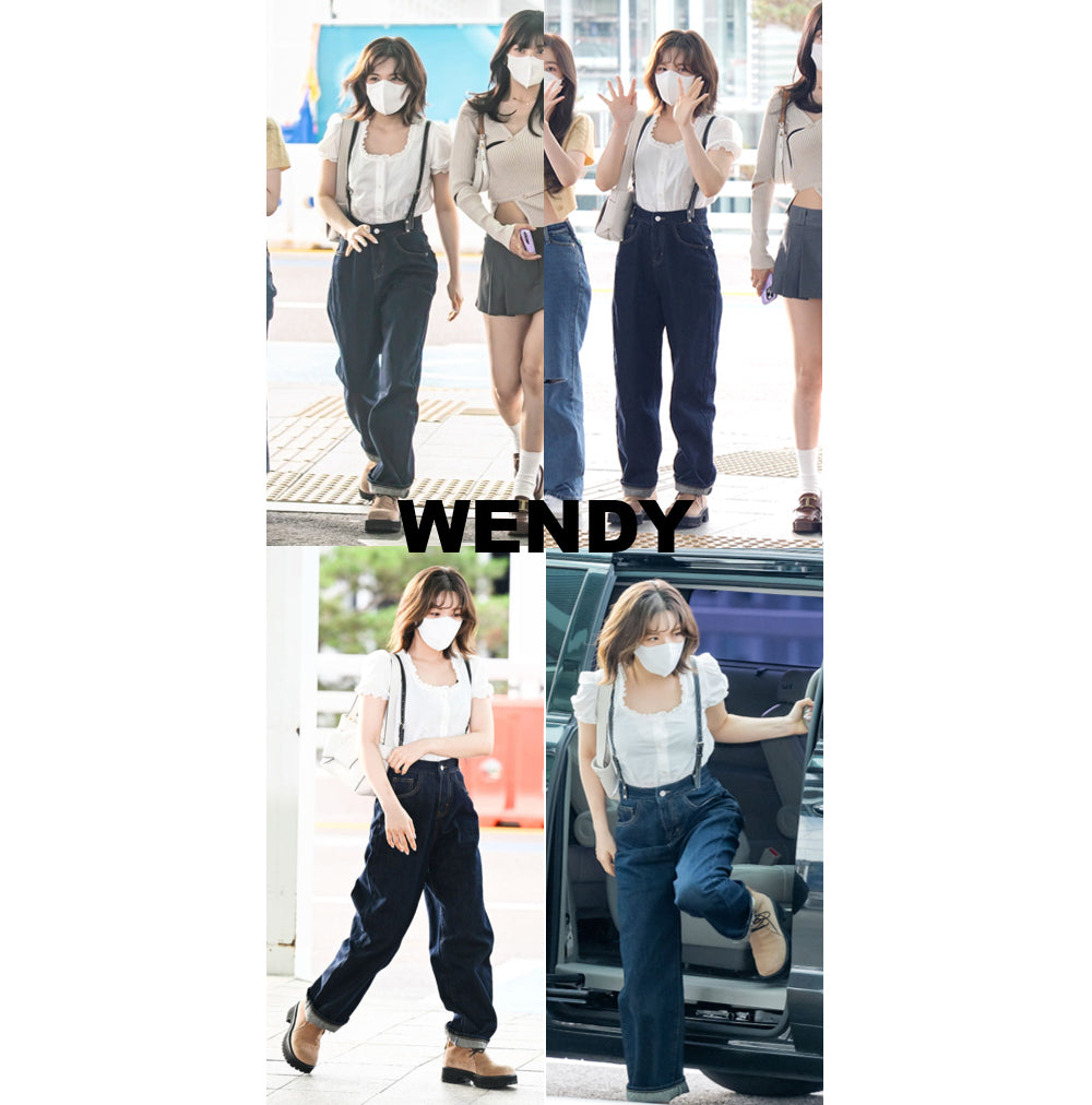 RED VELVER WENDY WORN HIGH WAIST DEEP BLUE WIDE FIT SUSPENDER DENIM PANTS [16636]