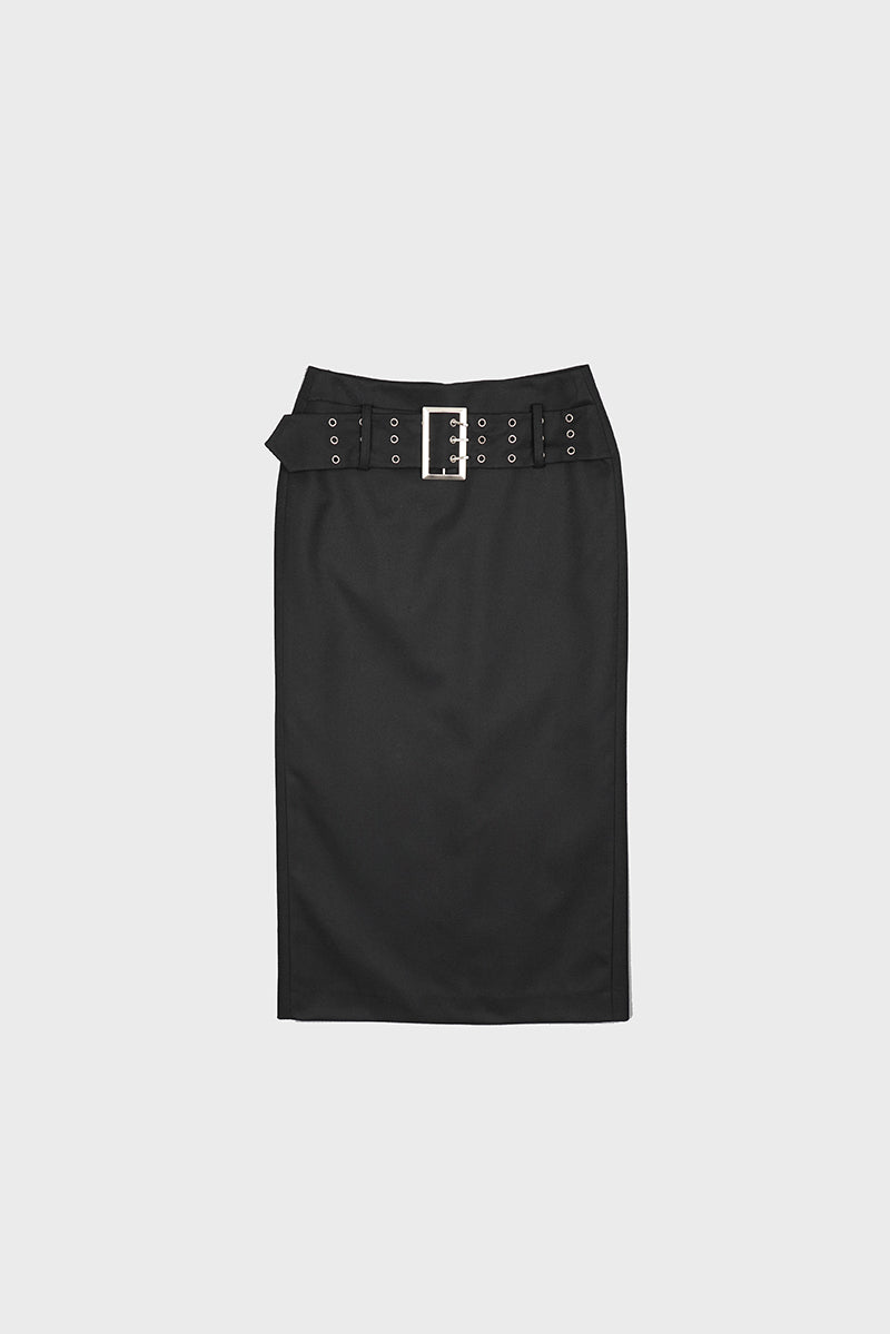 WIDE EYELET BELT MAXI SKIRT