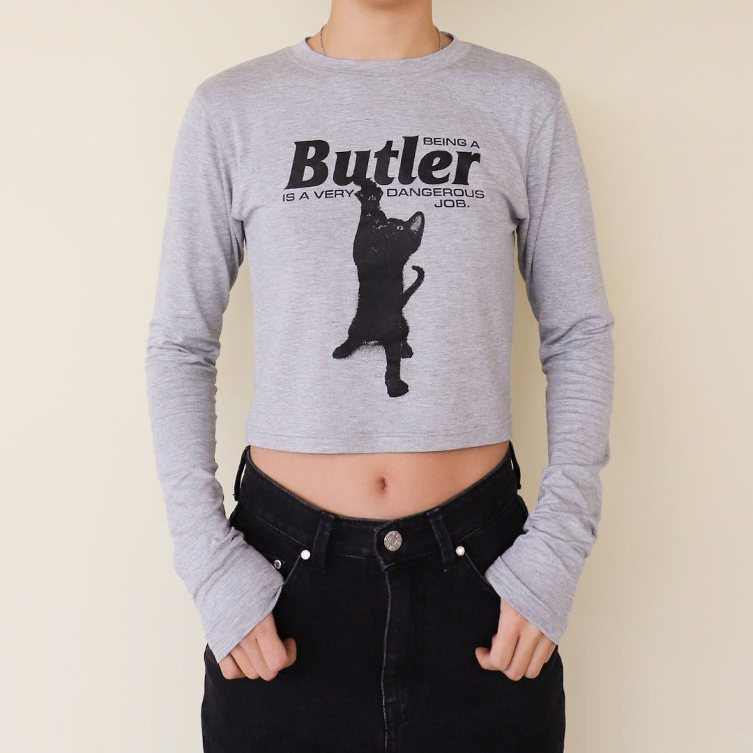 CAT BUTLER Crop long-sleeved T-Shirt (GREY)