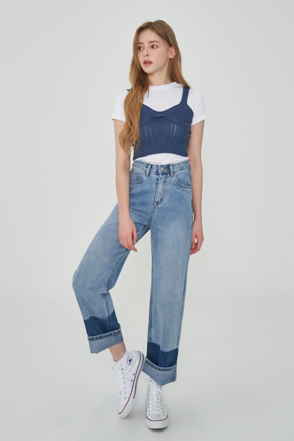 TWO TONE MIXED ROLL UP DENIM PANTS [6605]