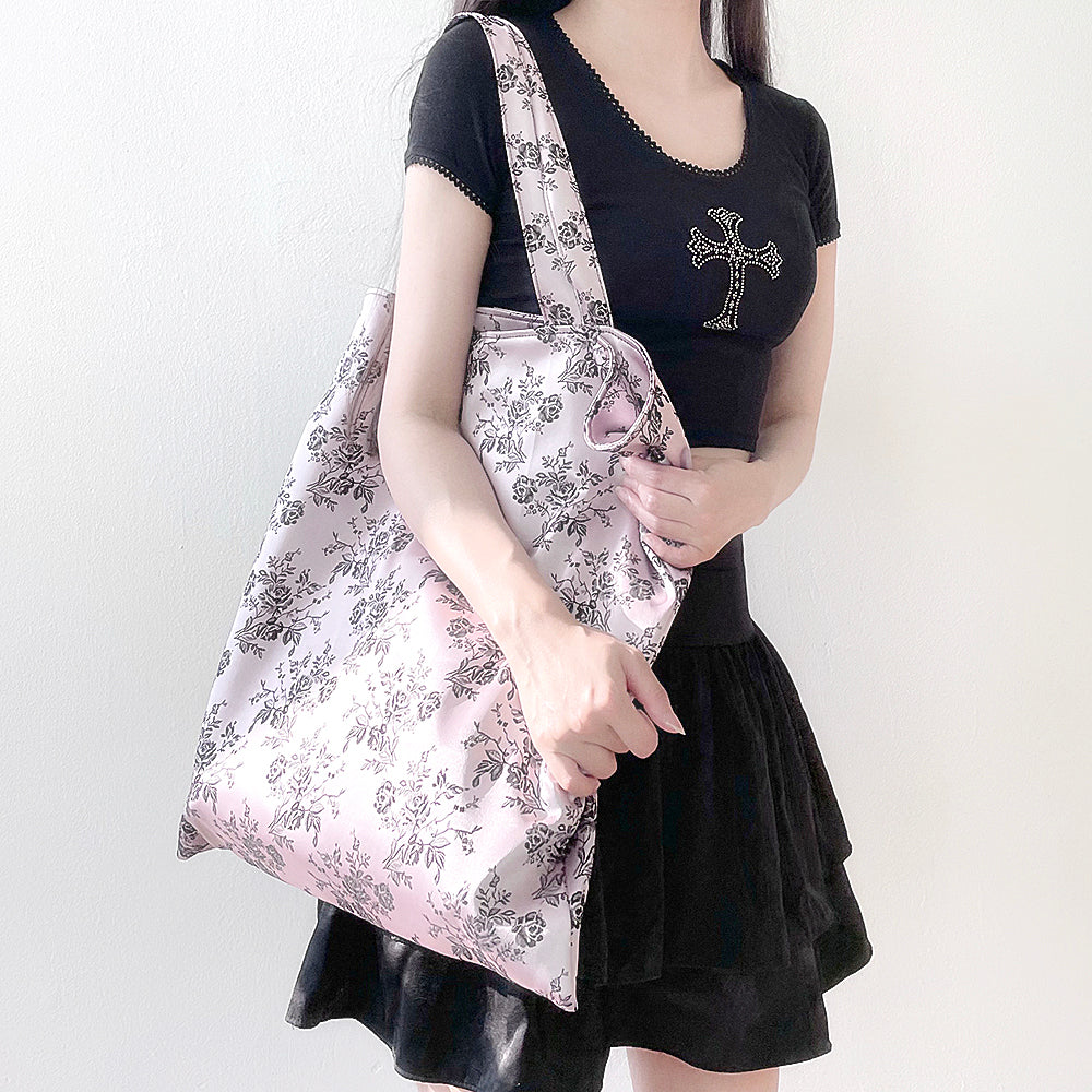 Rose Embroidery Satin Eco-bag (L/Rose Pink)